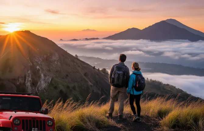 Couple with red jeep at Mount Batur sunrise